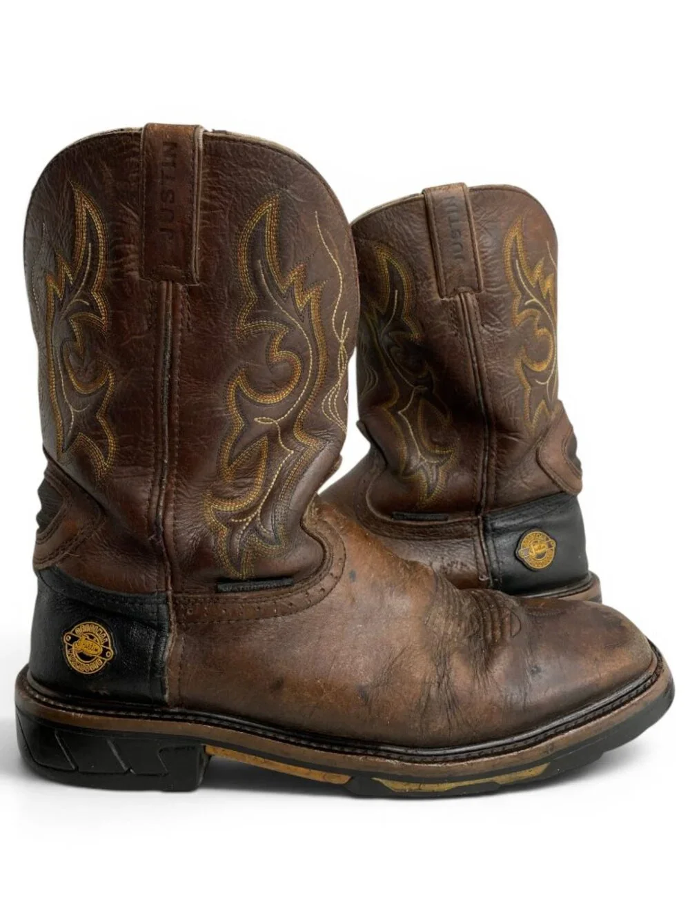 Justin Hybred Square Toe Brown Leather Western Cowboy Work Boots Men's 11 D